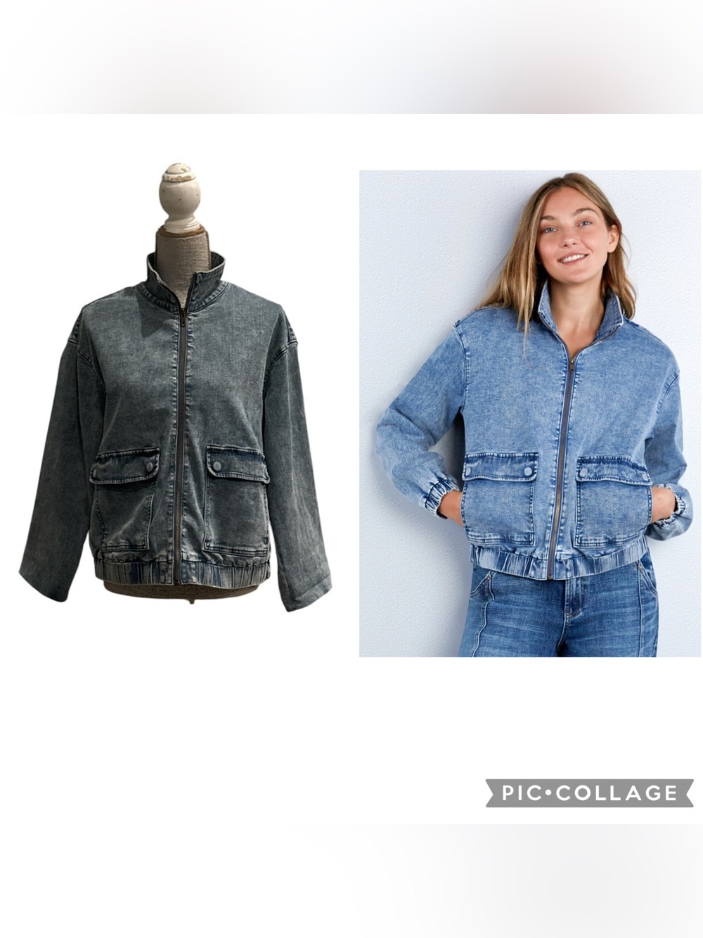 Washed Denim Zip-Front Jacket - Blue and Charcoal